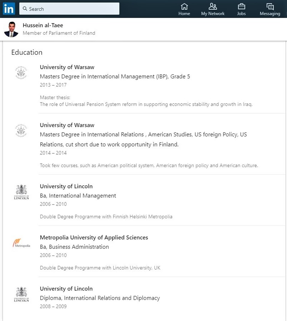 Kuvakaappaus Hussein al-Taeen Linkedin-sivuilta 22.7.2019.
