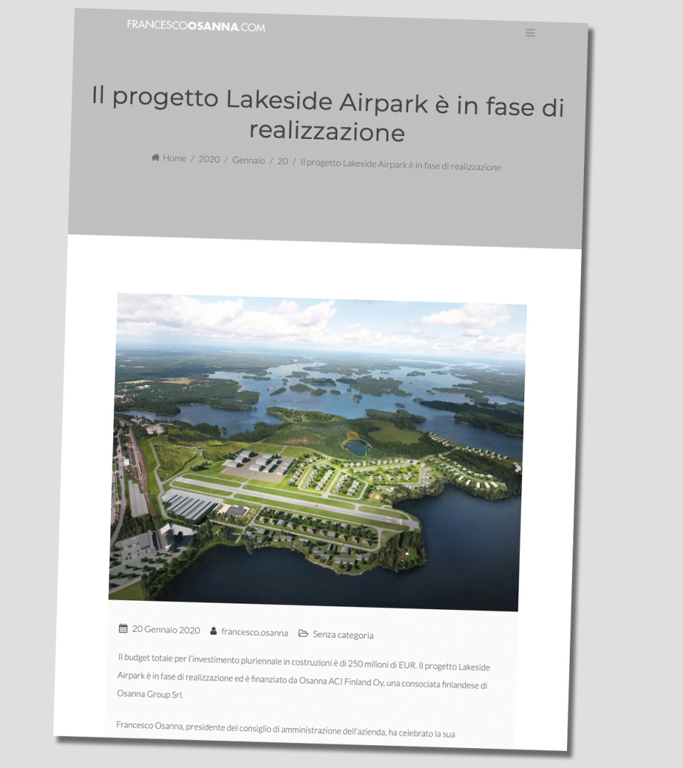 Kuvakaappaus Francesco Osannan verkkosivuilta. Kuvassa on havainnekuva ja italiankielistä tekstiä Mänttä-Vilppulan Airpark-hankkeesta.