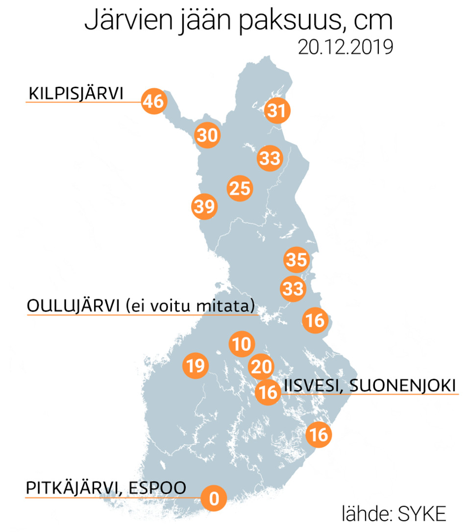 Järvien jään paksuus 20.12.2019