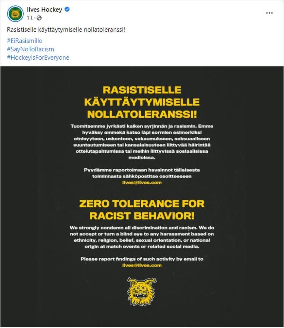 Kuvakaappaus Ilves Hockeyn Facebook-julkaisusta, jossa tuomitaan rasistinen käytös ja pyydetään ilmoittamaan kaikesta syrjivästä käytöksestä.