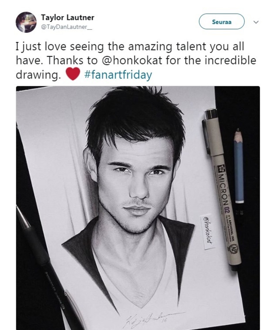 Kuvakaappaus Taylor Lautnerin twiitistä, jossa hän on jakanut Katja Honkosen piirtämän muotokuvan hänestä.