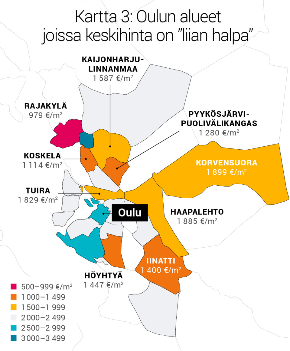 Kartta 3: Oulun alueet joissa keskihinta on ”liian halpa”.
