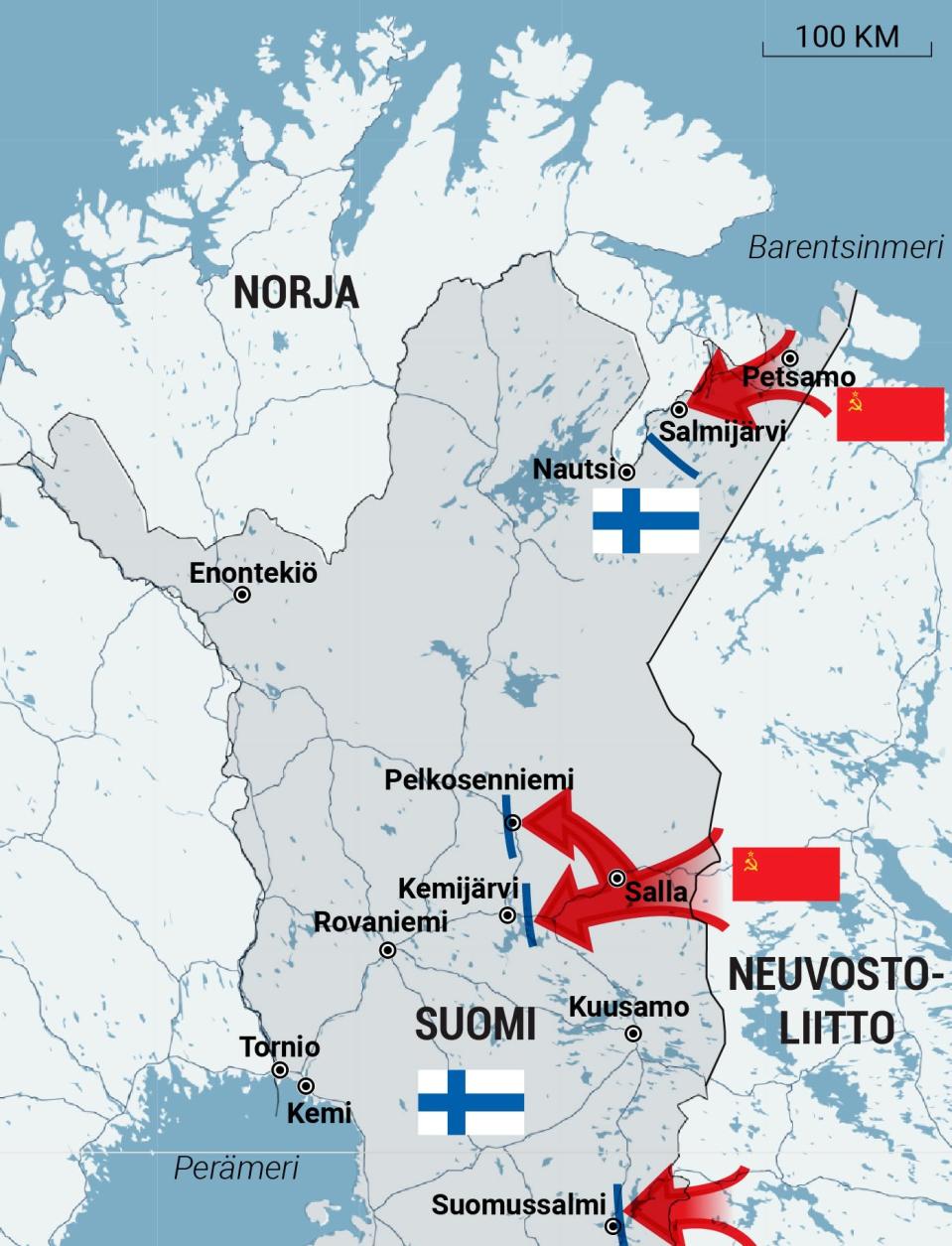 Karttagrafiikka talvisodan taisteluista Lapissa.