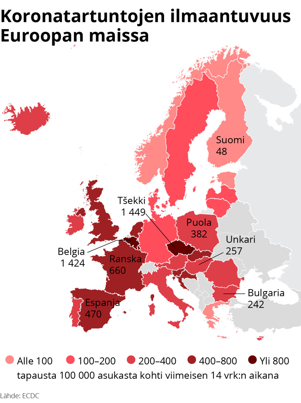 Ilmaantuvuuskartta Euroopasta.