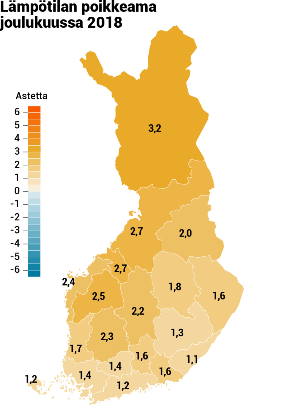 Joulukuun 2018 lämpötilan poikkeama jakson 1981-2010 keskiarvosta. Lähde: Ilmatieteen laitos