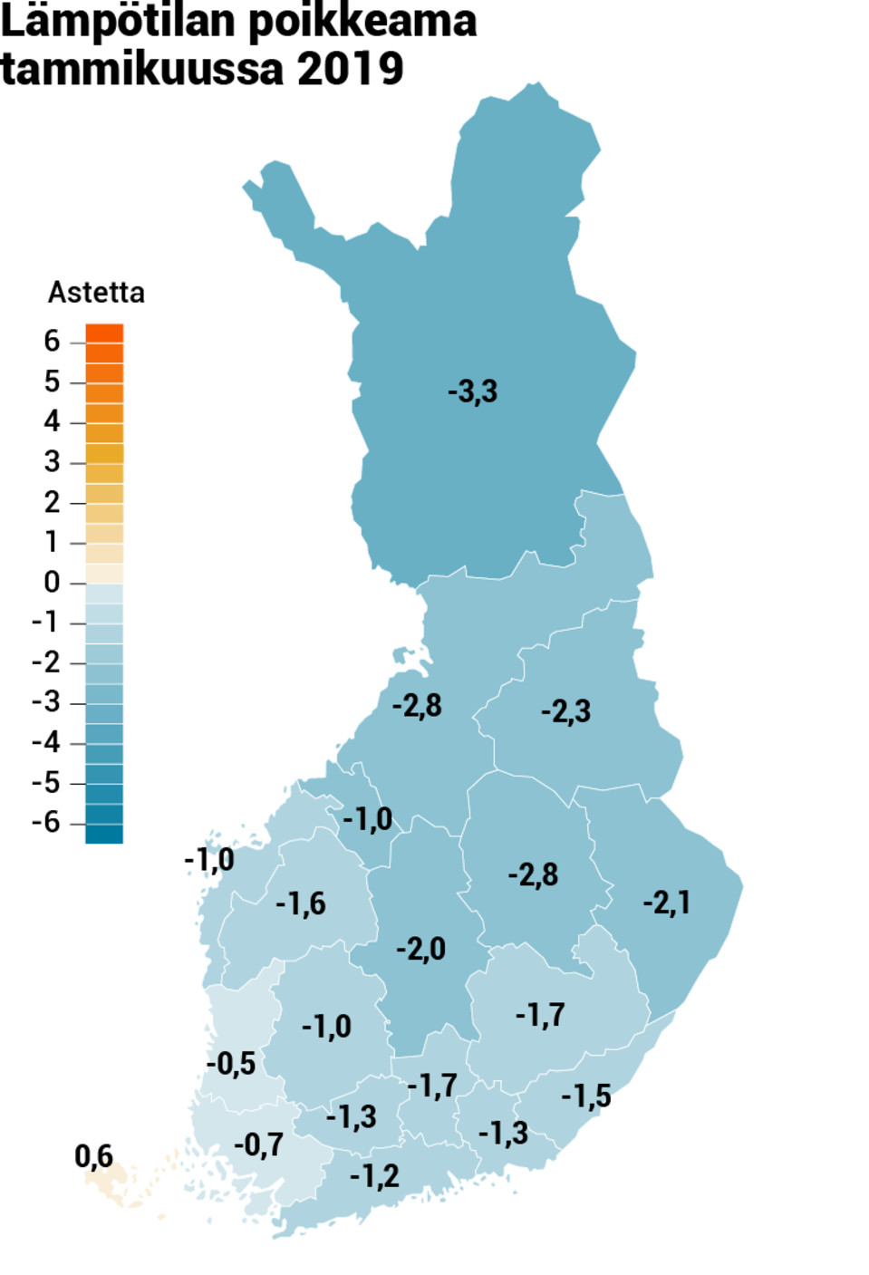 Tammikuun 2019 lämpötilan poikkeama jakson 1981-2010 keskiarvosta. Lähde: Ilmatieteen laitos