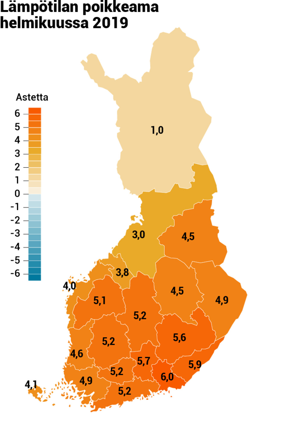 Helmikuun 2019 lämpötilan poikkeama jakson 1981-2010 keskiarvosta. Lähde: Ilmatieteen laitos