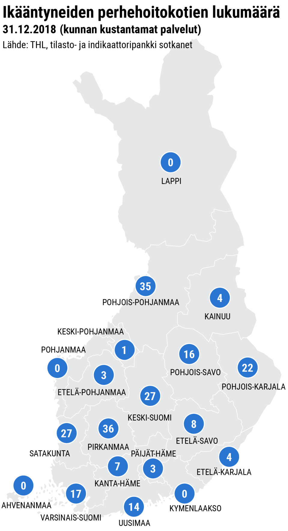 Suomen kartta, jossa merkitty perhehoitokotien määrä maakunnittain.