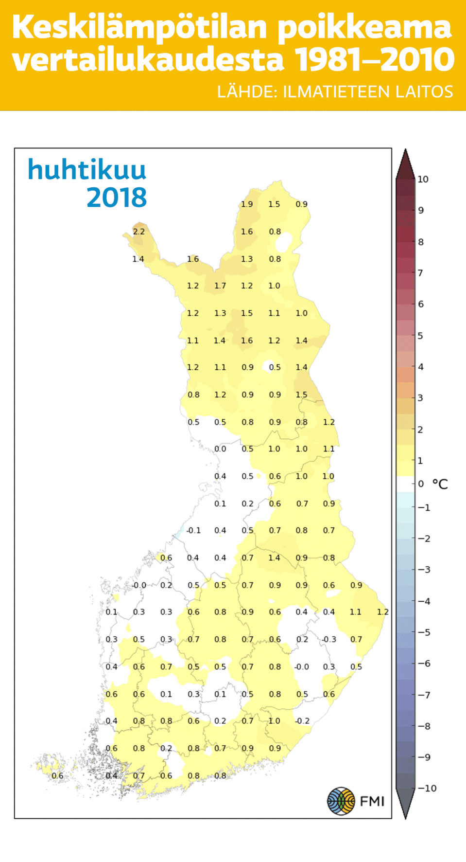 Keskilämpötilan poikkeama vertailukaudesta 1981–2010.