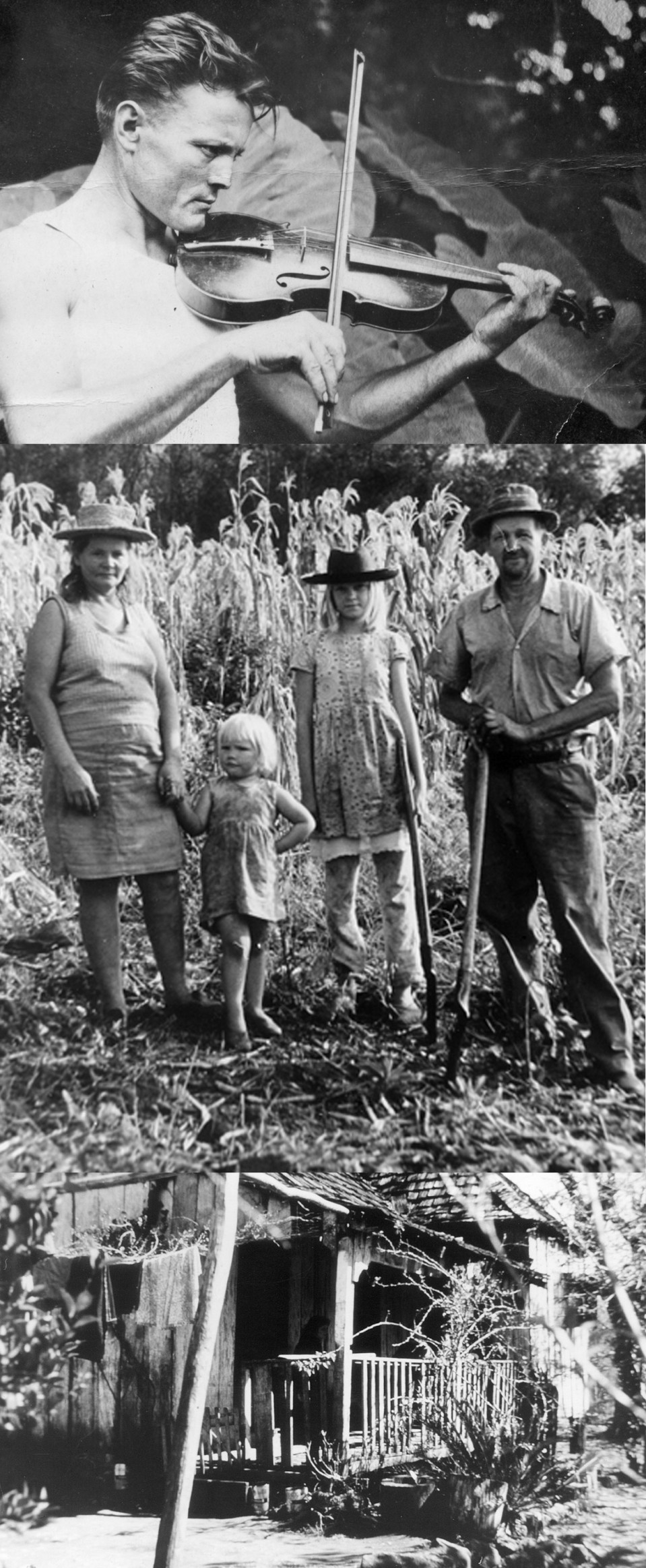 Musikaalinen Eino Saarinen saapui Colonia Finlandesaan tiettävästi vuonna 1925 tai 1926. Tuolloin siirtokuntaan oli jo rakennettu useita taloja. Yksi asukkaista oli Pohjois-Karjalan Kiteeltä lähteneiden vanhempien poika Reino Putkuri, kuvattuna perheineen vuonna 1926. Kuvat: Siirtolaisinstituutti, alin kuva Kaisa Saarisen kotialbumi