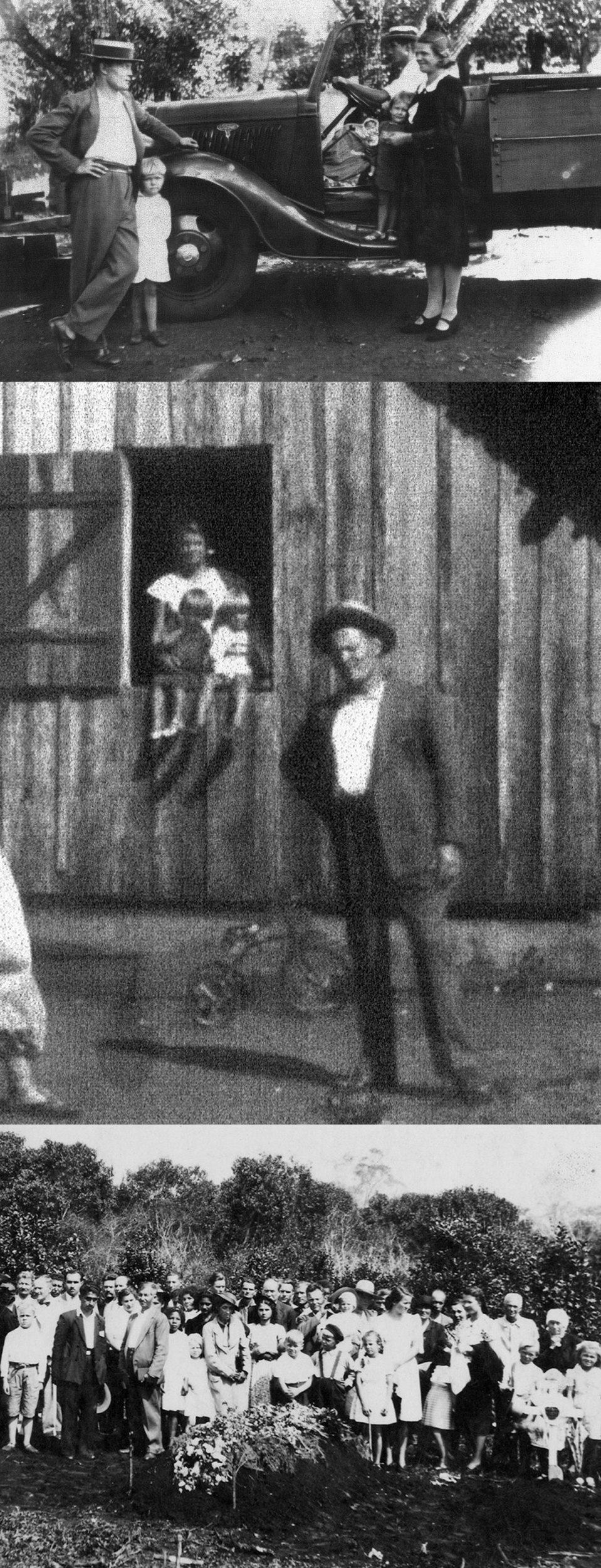 Ylimmässä kuvassa isä Eino Saarinen (vas.), äiti Tyyne Karppinen ja sisarukset Kalevi ja Aune. Ratin takana äidin veli Heikki Karppinen. Keskimmäisessä kuvassa Kaisa Saarisen synnyinkoti, edustalla isä Eino ja ikkunalla äiti Tyyne lastensa kanssa. Alin kuva on Tyyne Karppisen hautajaisista.