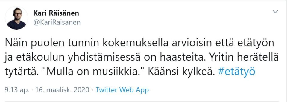 Kari Räisänen twiitti etätyöstä