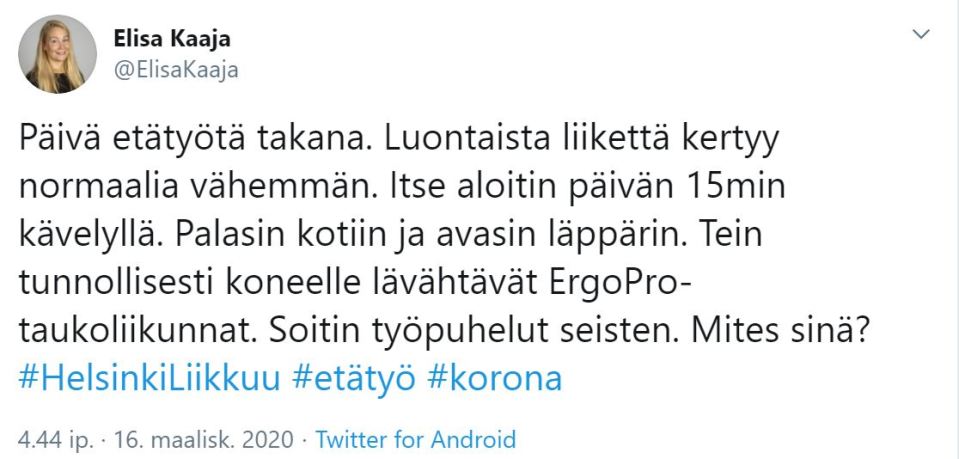 Elisa Kaajan twiitti etätyöstä