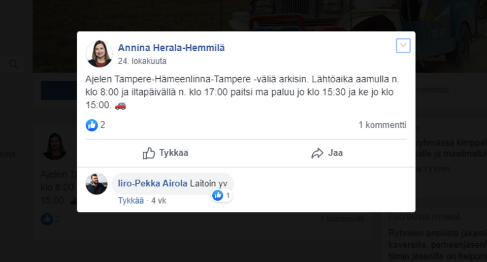 Kuvakaappaus Facebookin Kimppakyyti Tampere -ryhmästä