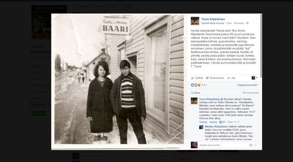 Kuvakaappaus Tuure Kilpeläisen Facebook-profiilista, jossa on vanha kuva Tuuren isästä ja nuoresta naisesta 1960-luvun Kuhmossa.