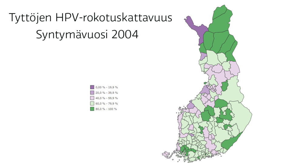 HPV-rokotekattavuus vuonna 2004 syntyneillä tytöillä.