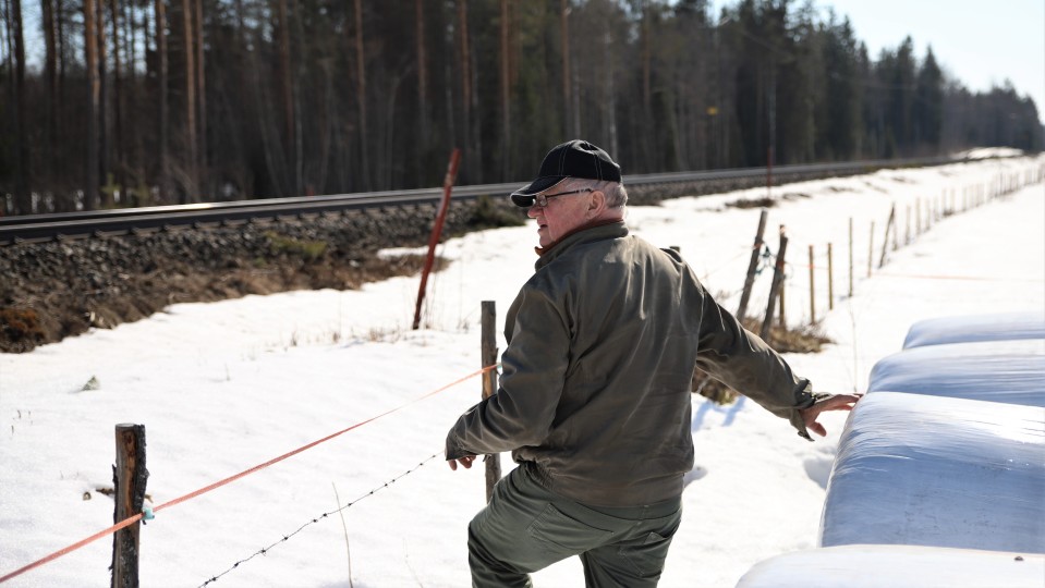 Ossi Hämäläinen katselee junarataa pelloltansa