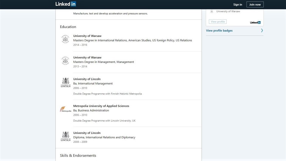 Näin Hussein al-Taeen Linkedin-sivuilla kerrottiin hänen koulutuksestaan kesäkuussa