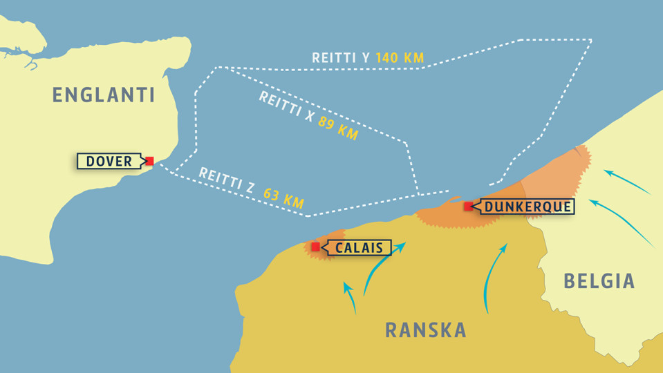 Dunkirk / Dunkerque kartta: evakuointireitit