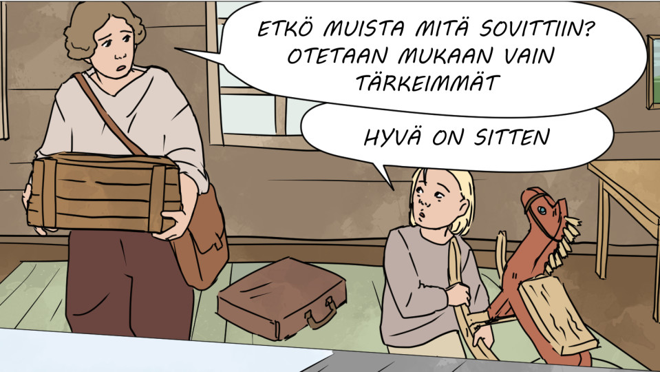 Sarjakuva äidistä ja tyttärestä matkalla evakkoon.