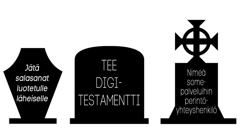 Hautakiviä, joissa neuvoja digijäämistön hoitoon, grafiikka.