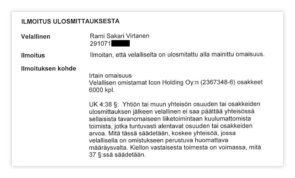 Ilmoitus ulosmittauksesta: Rami Virtaselta ulosmitattu omaisuus.