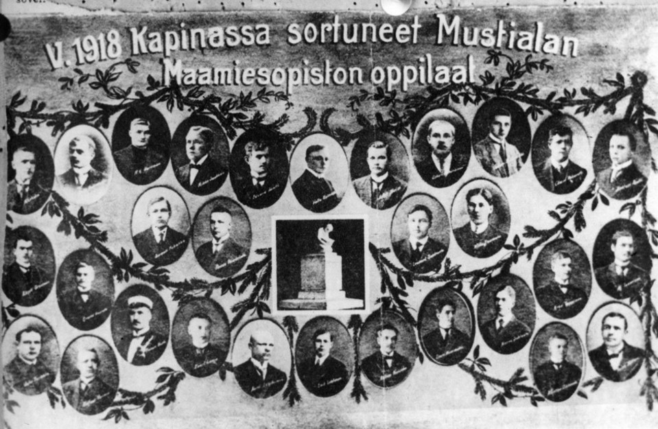 Kuvassa miesten muotokuvia ja teksti v. 1918 kapinassa sortuneet Mustialan maamiesopiston oppilaat