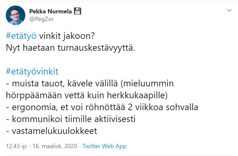 Pekka Nurmelan twiitti etätyöstä