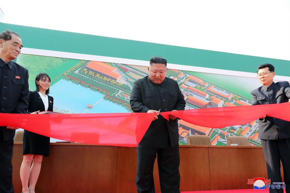 Kim Jong-un leikkaa punaista nauhaa lannoitetehtaalla.