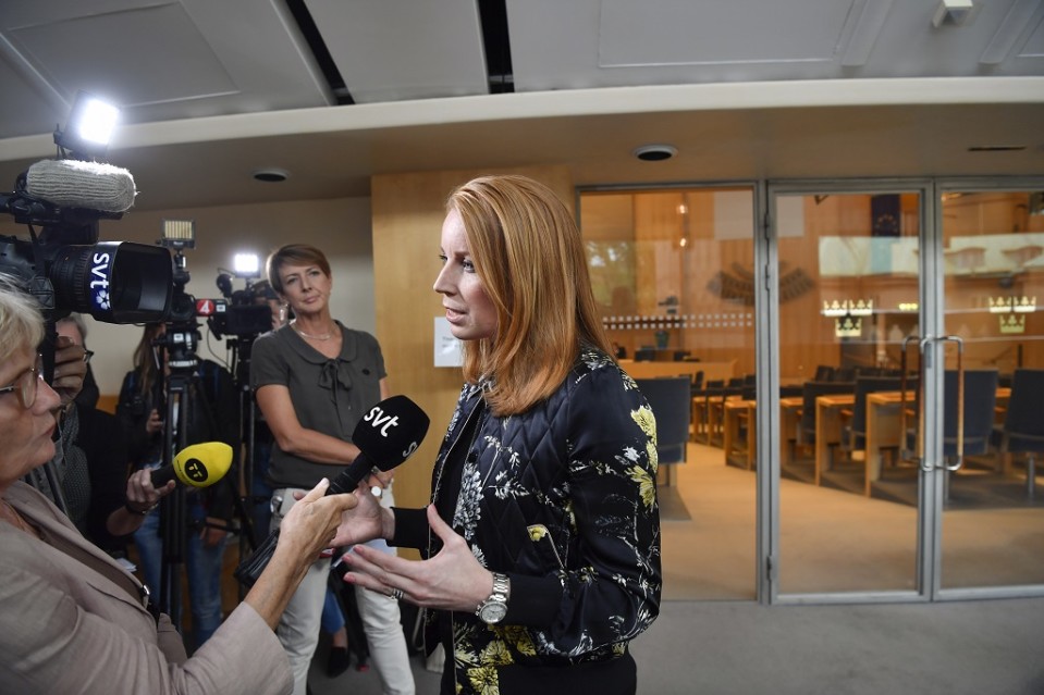Lööf puhuu salissa toimittajajoukolle. Etualalla on Ruotsin television SVT:n toimittaja pitelemässä mikrofonia. Lööfillä on tumma kukkakoristeinen asu.