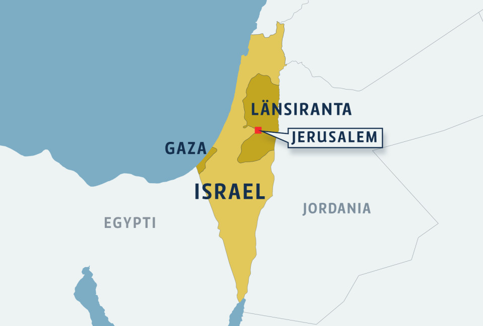 Kartta missä Israel, Länsiranta ja Gaza sekä Jerusalem