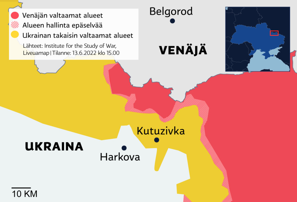 Kartalle markattuna Ukraina ja Venäjä. Lisäksi merkattuna Belgorodin, Kutuzivkan ja Harkovan kaupungit. Kartalla merkattu Venäjän valtaamat ja Ukrainan takaisin vatlaamat alueet sekä alue, jonka hallinta epäselvää.