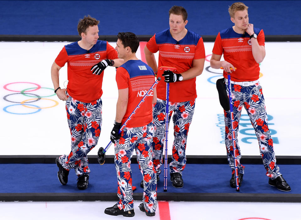 Norjan curling-joukkue Pyeongchangin olympialaisissa 2018.