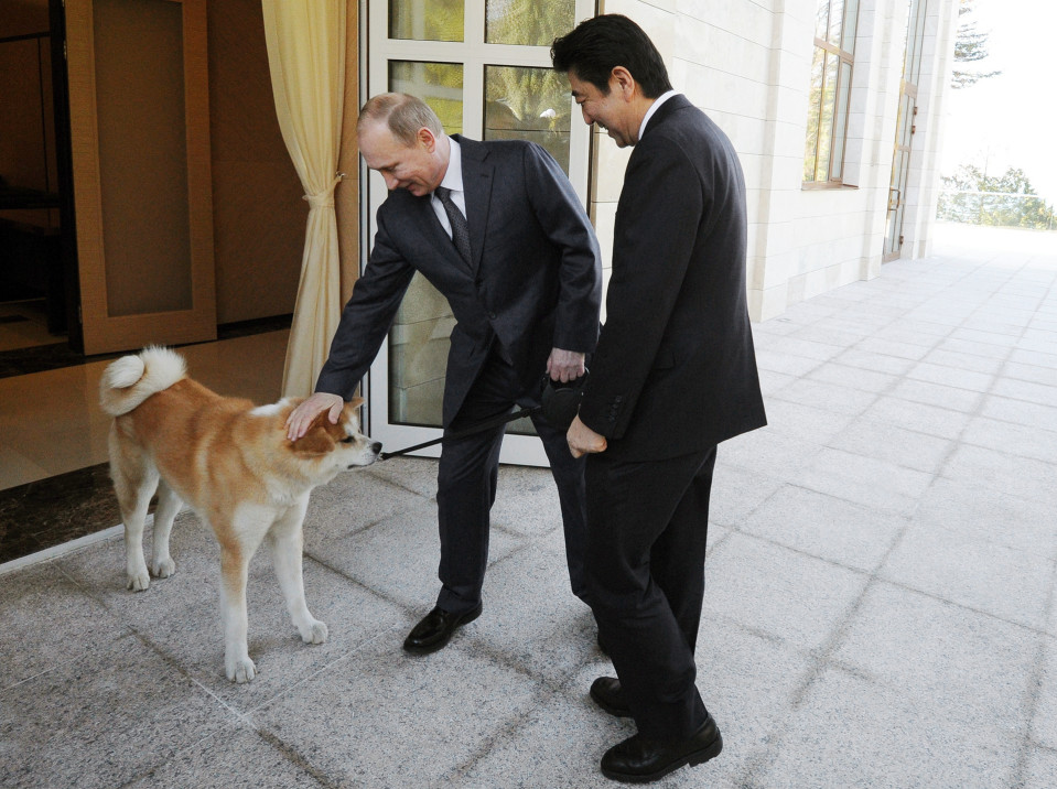 Japanin pääministeri tervehtii Vladimir Putinin Yume nimistä koiraa Sotshissa
