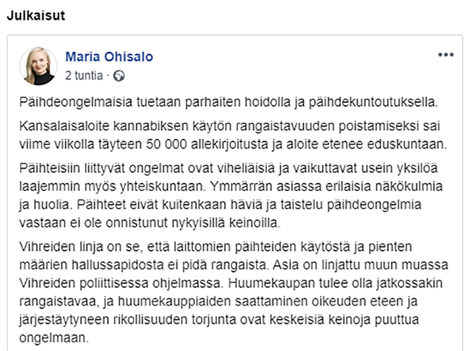 Maria Ohisalon Facebook-päivitys 30.10.2019.