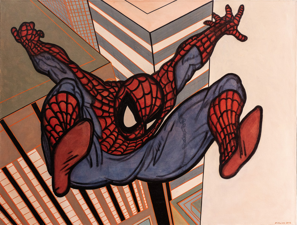 Öljymaalaus hyppäävästä Spidermanista.