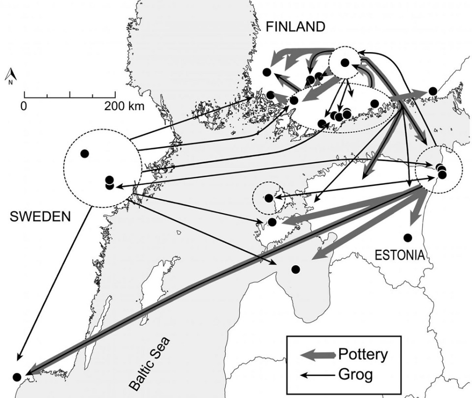 Nuolin merkittyjä reittejä Etelä-Suomessa ja -Ruotsissa ja Virossa.