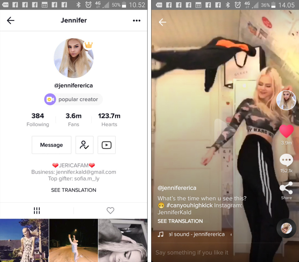 Jennifer Käldin TikTok-tili ja suosituin yksittäinen video, jota on katsottu yli 50 miljoonaa kertaa.