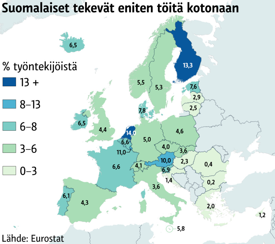 Tilastokartta etätyön tekemisestä Euroopan maissa.