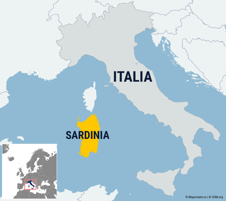 Kartta Sardiniasta Italiassa.