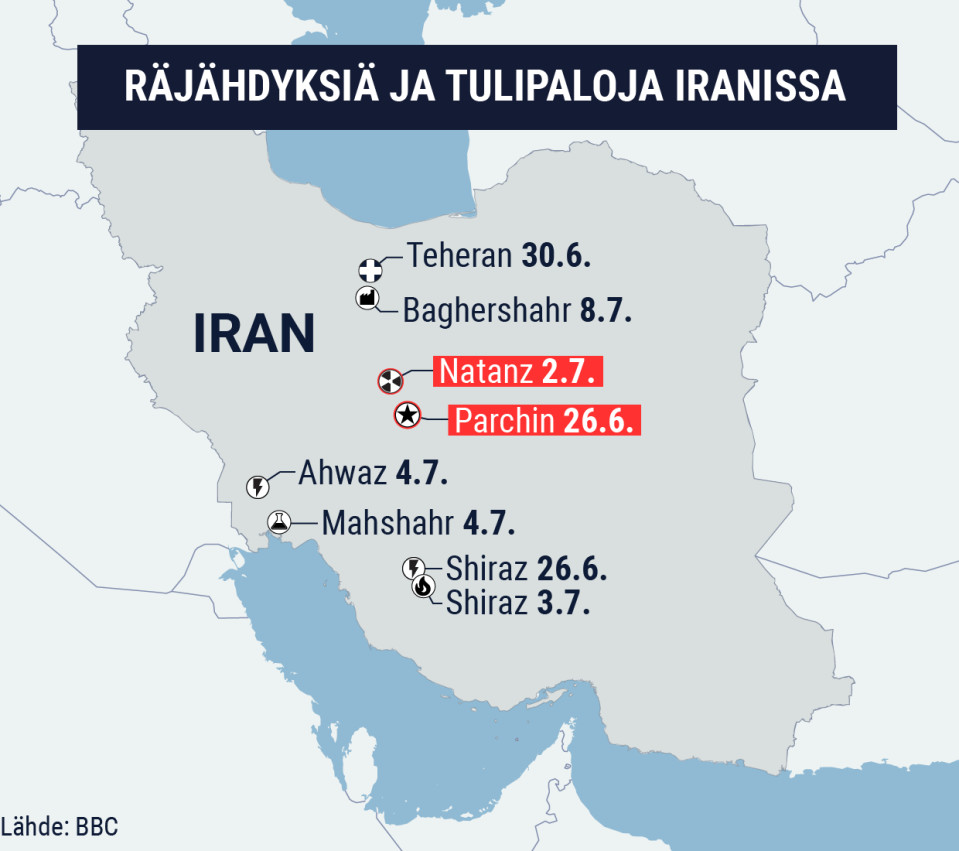 Infokartta Iranissa tapahtuneista räjähdyksistä ja tulipaloista.