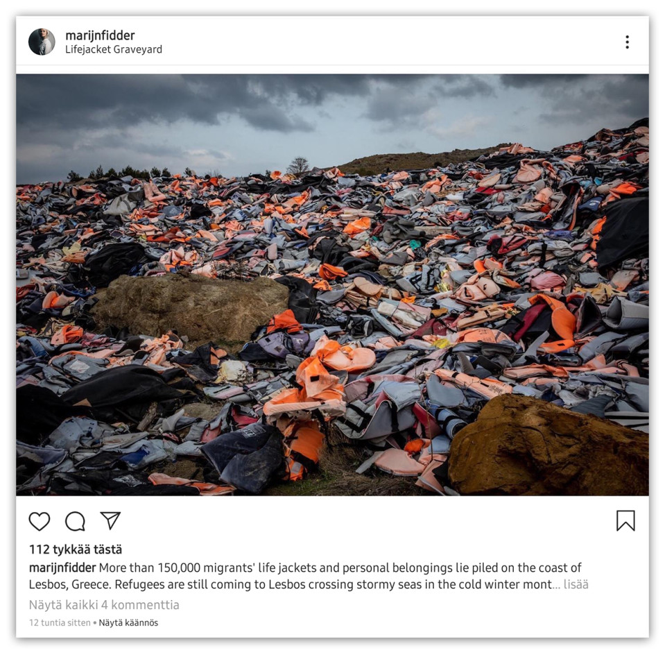 Instagram-päivitys, jossa kuva pelastusliivivuoresta Lebosin saarella Kreikassa.