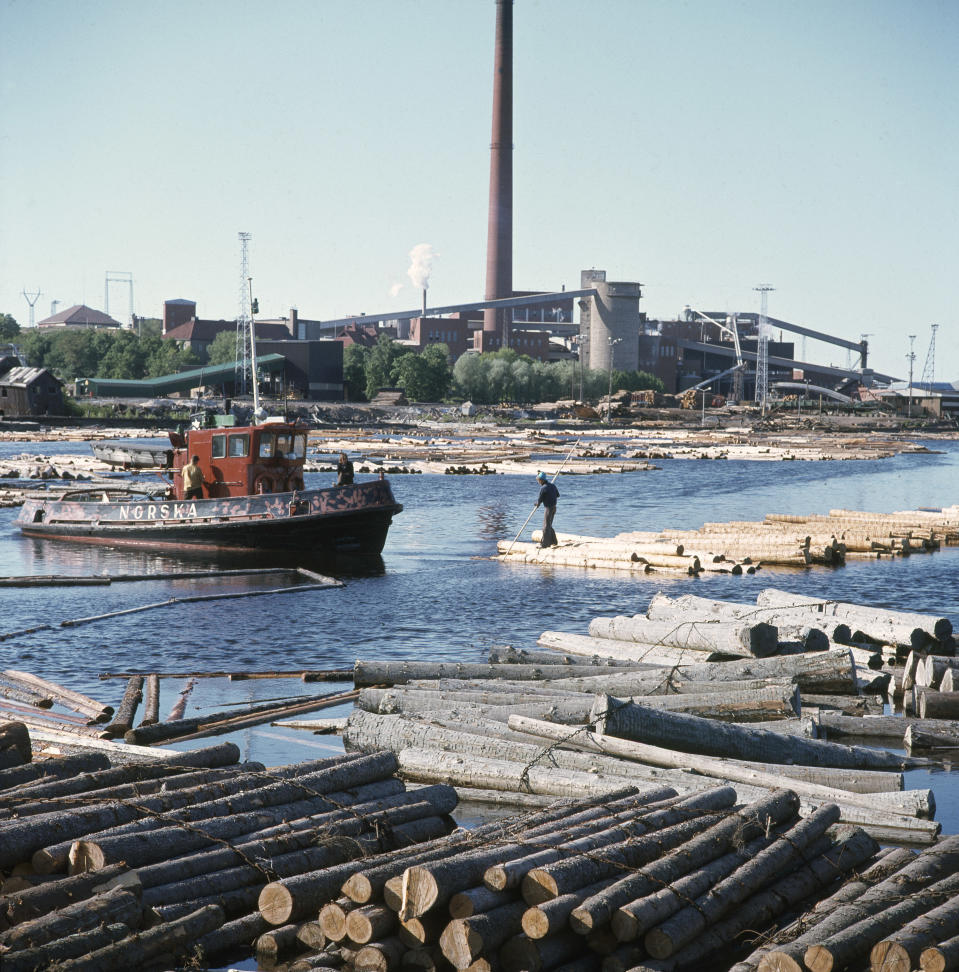 Tukinuittoa Kotkassa. Taustalla Enso-Gutzeit Oy:n Kotkan tehdas ja Norjan saha.