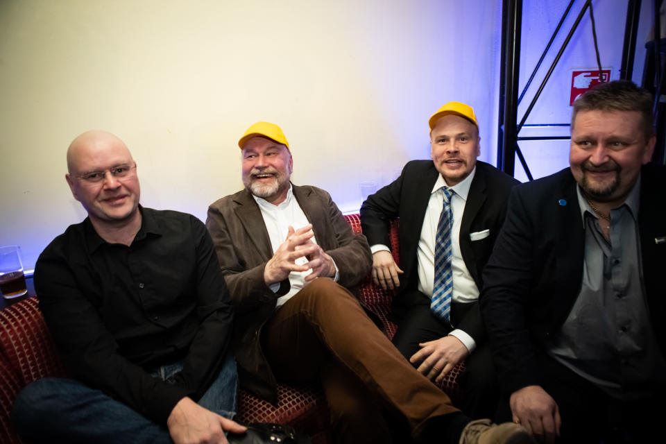 Eduskuntavaalit 2019. Perussuomalaisten vaalivalvojaiset. Marko Jansson, Jarmo Hussi, Samuli Vesioja ja Marko Ojanen.