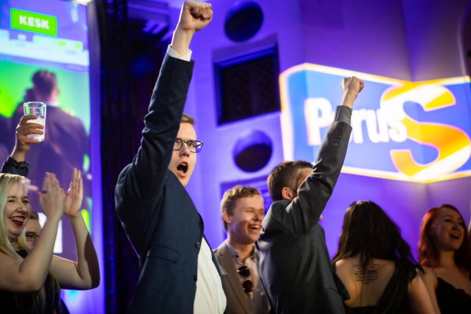 Eduskuntavaalit 2019. Perussuomalaisten vaalivalvojaiset. PS-Nuorten puheenjohtaja Asseri Kinnunen.