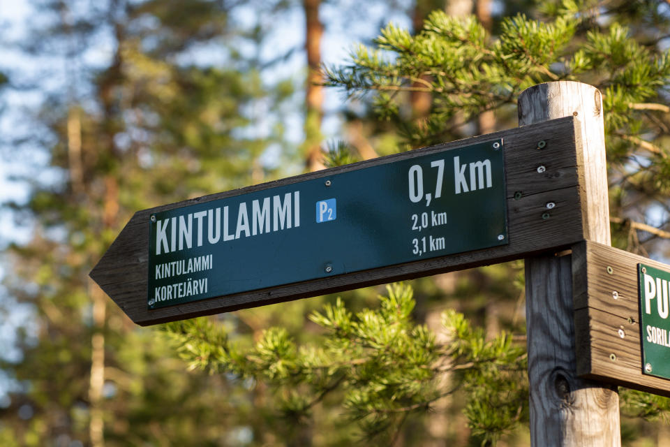 Opaskyltti Kintulammen retkeily- ja luonnonsuojelualueella.