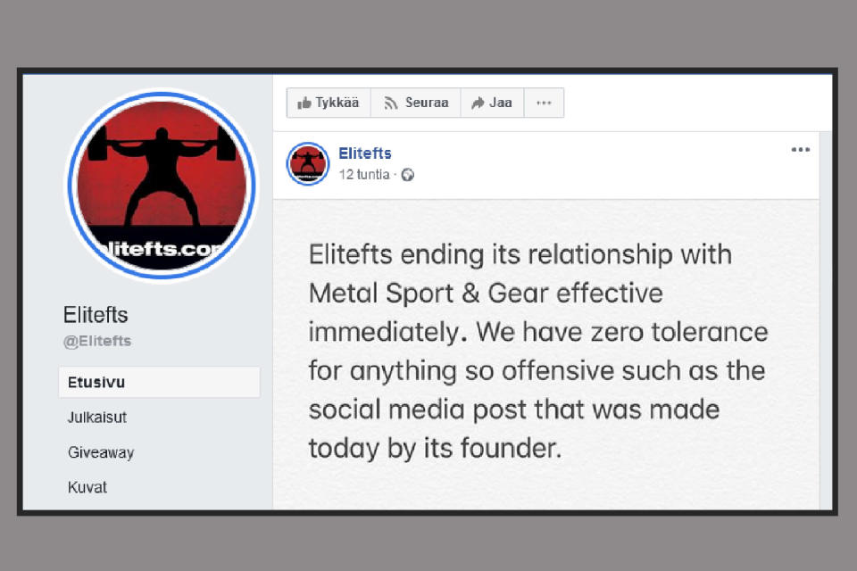 Elitefts:n Facebook-julkaisu.