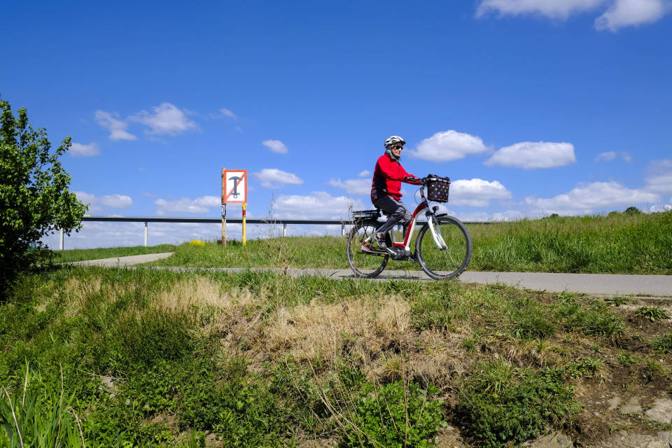 En kvinna åker på en elcykel. I bakgrunden syns blå himmel och grönt gräs.