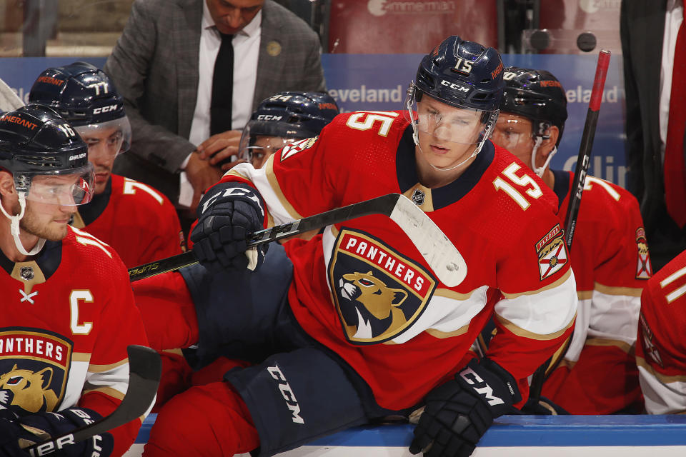 Anton Lundell hyppäämässä askiin NHL-ottelussa.