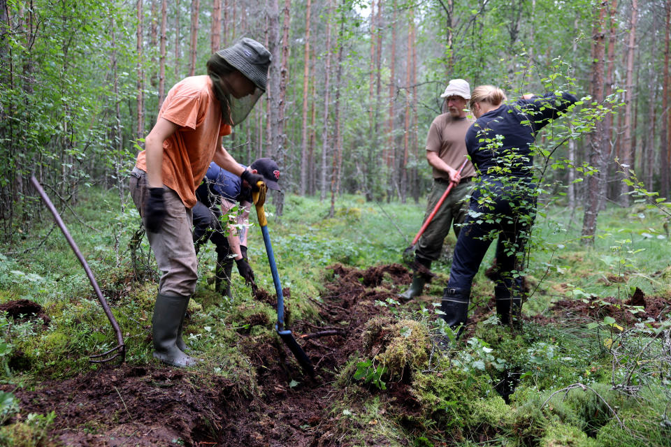 Suota ennallistava ryhmä kaivaa vedelle reittiä Parkanolaisella Louhinevalla. Ennallistamisia ympäri Suomen tekevä Lumimuutos osuuskunta osti puoliksi ojitetun suon Neovalta, entiseltä Vapolta.